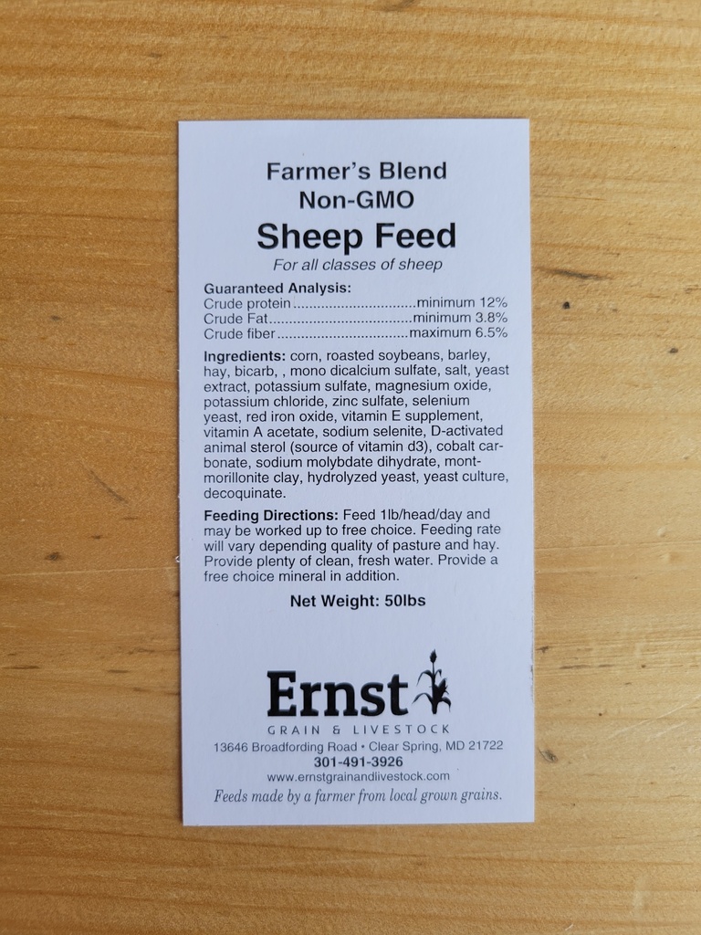 Farmer’s Blend Non-GMO Sheep Feed 50lbs Sheep Feed Tag