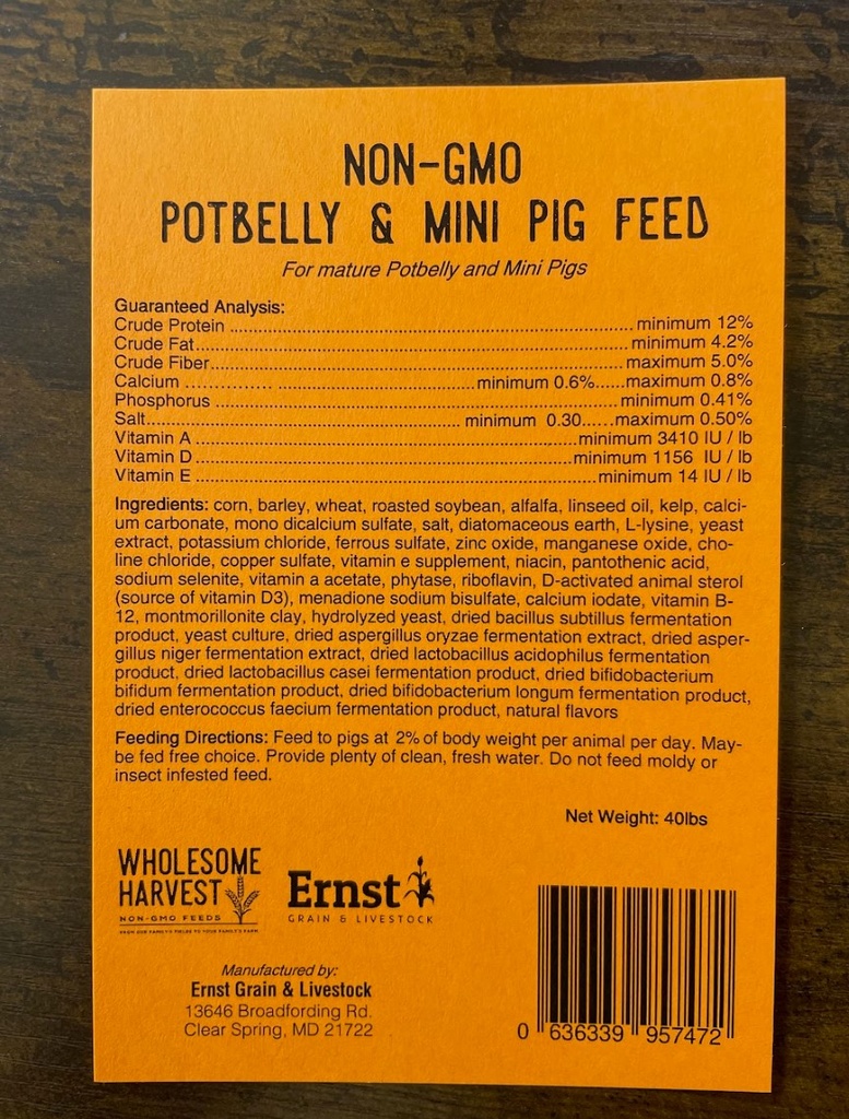 Wholesome Harvest Potbelly & Mini Pig Feed 40lbs
